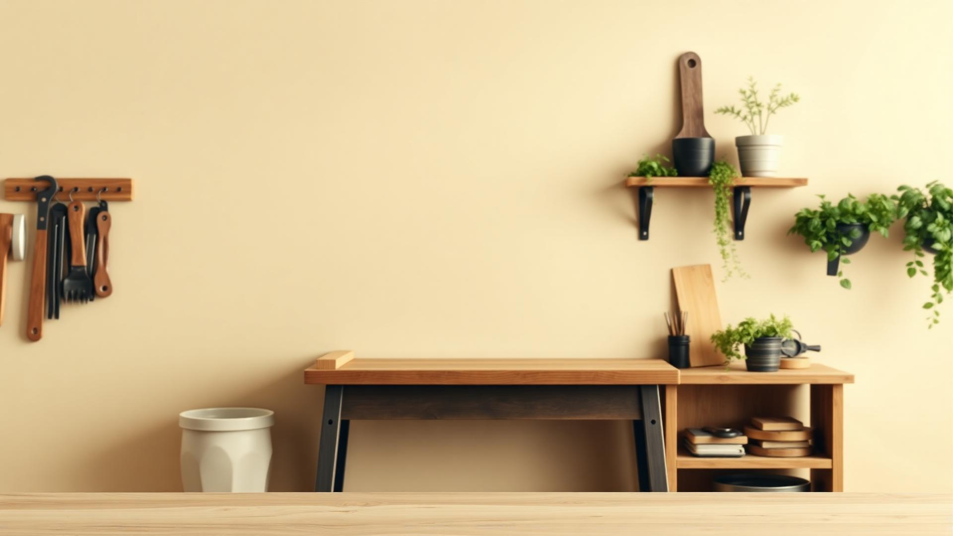 Outils de bricolage et de jardinage posés sur un plan de travail
